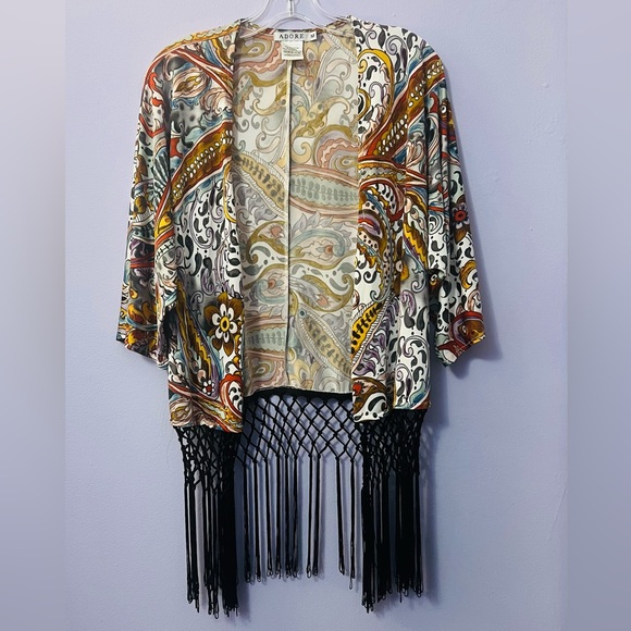 Adore Jackets & Blazers - ADORE Paisley Fringe Kimono in Multi-Color
